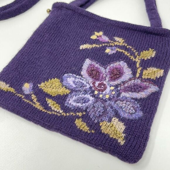 Icelandic Design Wool Blend Shoulder Bag Two Strap Purse Knitted Purple Floral - Picture 3 of 13